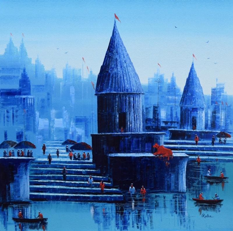 Religious oil painting titled 'Banaras Ghat 56', 36x36 inches, by artist Reba Mandal on Canvas