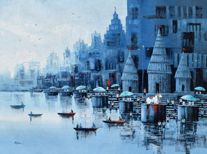 Religious acrylic painting titled 'Banaras Ghat 57', 36x48 inches, by artist Reba Mandal on Canvas