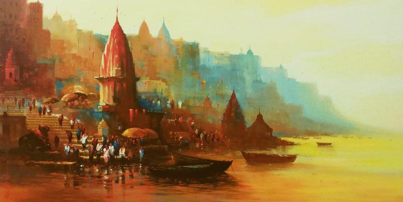 Cityscape acrylic painting titled 'Banaras Ghat 7', 30x58 inches, by artist Ashif Hossain on Canvas