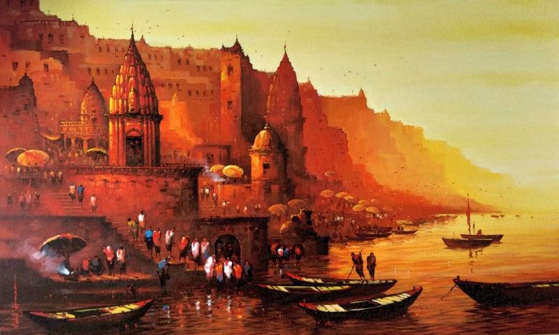 Cityscape acrylic painting titled 'Banaras Ghat 8', 36x60 inches, by artist Ashif Hossain on Canvas