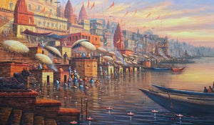 Religious acrylic painting titled 'Banaras Ghat', 36x60 inches, by artist Paramesh Paul on Canvas