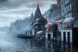 Landscape acrylic painting titled 'Banaras Ghat', 24x36 inches, by artist Paramesh Paul on Canvas
