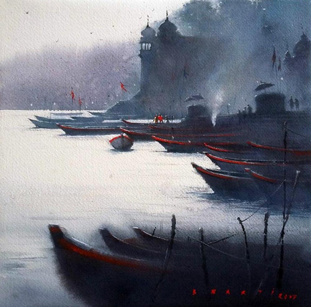 Landscape watercolor painting titled 'Banaras Ghat', 12x12 inches, by artist Nilesh Bharti on Paper