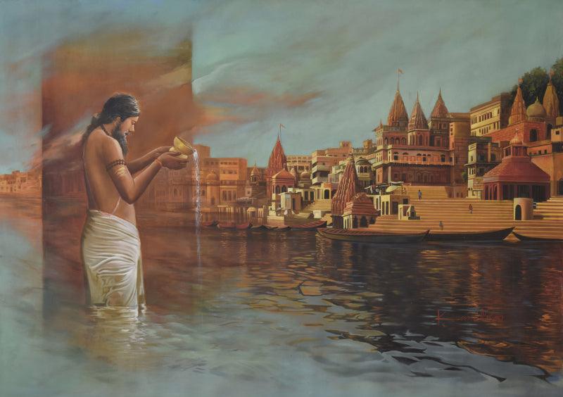 Religious oil painting titled 'Banaras Ghat', 59x41 inches, by artist Kamal Rao on Canvas