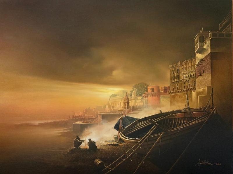 Religious oil painting titled 'Banaras Ghat', 30x40 inches, by artist Amit Bhar on Canvas