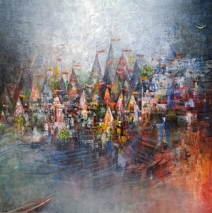 Cityscape acrylic painting titled 'Banaras Ghat', 24x24 inches, by artist M Singh on Canvas