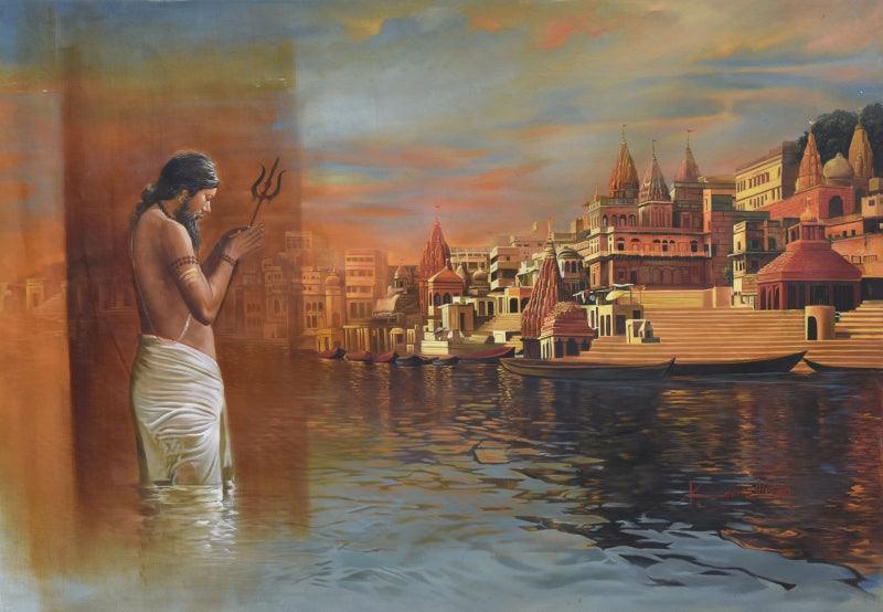 Cityscape oil painting titled 'Banaras Ghat', 59x42 inches, by artist Kamal Rao on Canvas