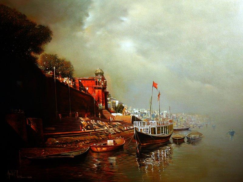 Landscape acrylic oil painting titled 'Banaras Ghat', 30x40 inches, by artist Amit Bhar on canvas