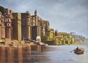Religious oil painting titled 'Banaras Ghat', 48x36 inches, by artist Kamal Rao on Canvas