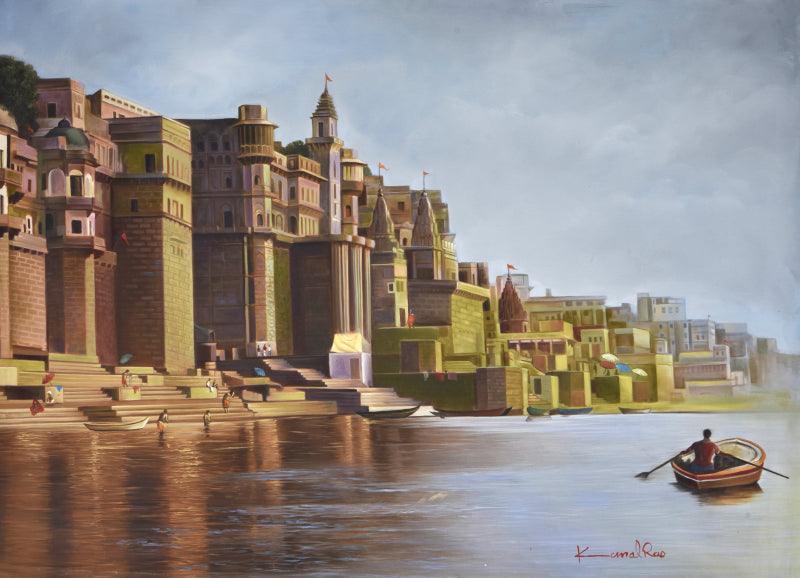 Religious oil painting titled 'Banaras Ghat', 48x36 inches, by artist Kamal Rao on Canvas
