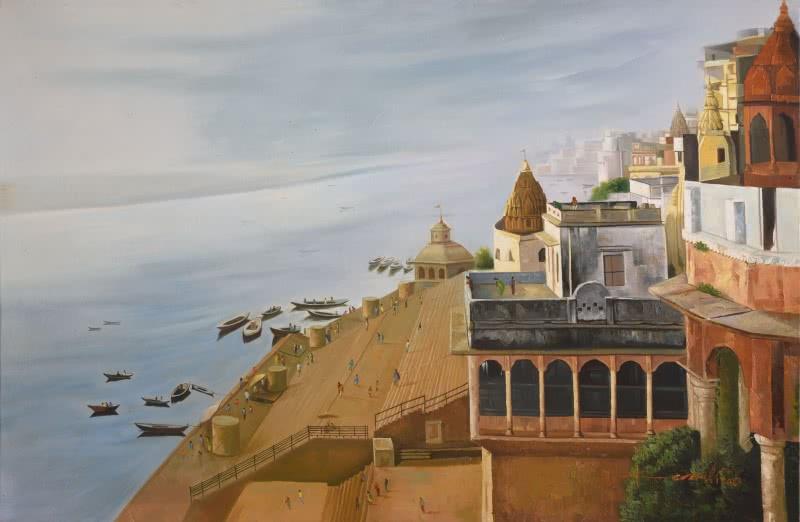 Religious mixed media painting titled 'Banaras Ghat', 49x60 inches, by artist Kamal Rao on Canvas