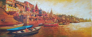 Cityscape oil painting titled 'Banaras Ghat', 72x36 inches, by artist Kamal Rao on Canvas