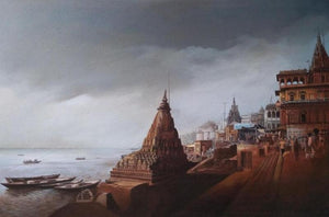Religious acrylic painting titled 'Banaras Ghat', 24x36 inches, by artist Amit Bhar on Canvas
