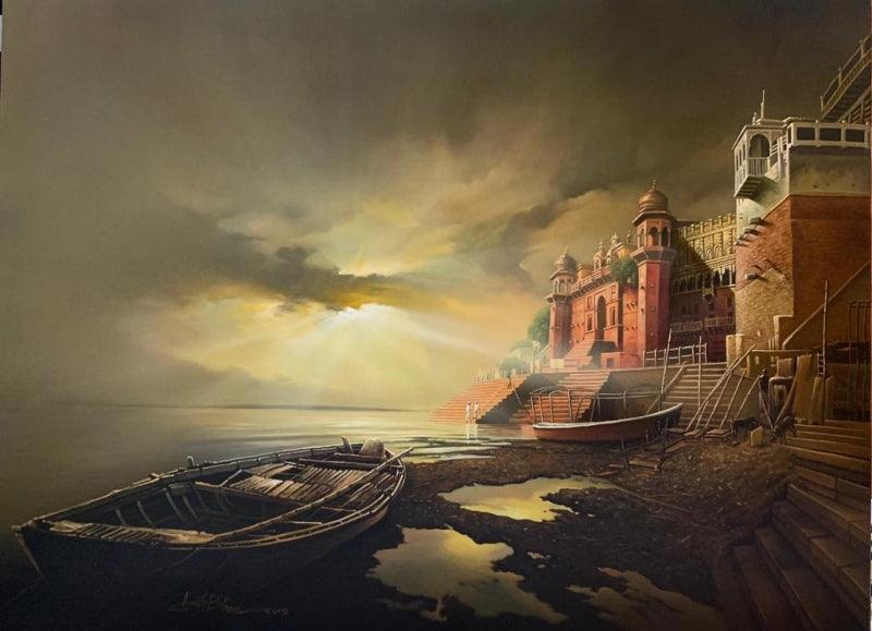 Religious oil painting titled 'Banaras Ghat', 30x40 inches, by artist Amit Bhar on Canvas