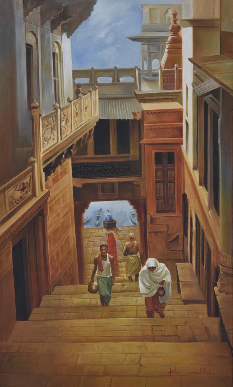 Landscape oil painting titled 'Banaras Ghat', 32x53 inches, by artist Kamal Rao on Canvas