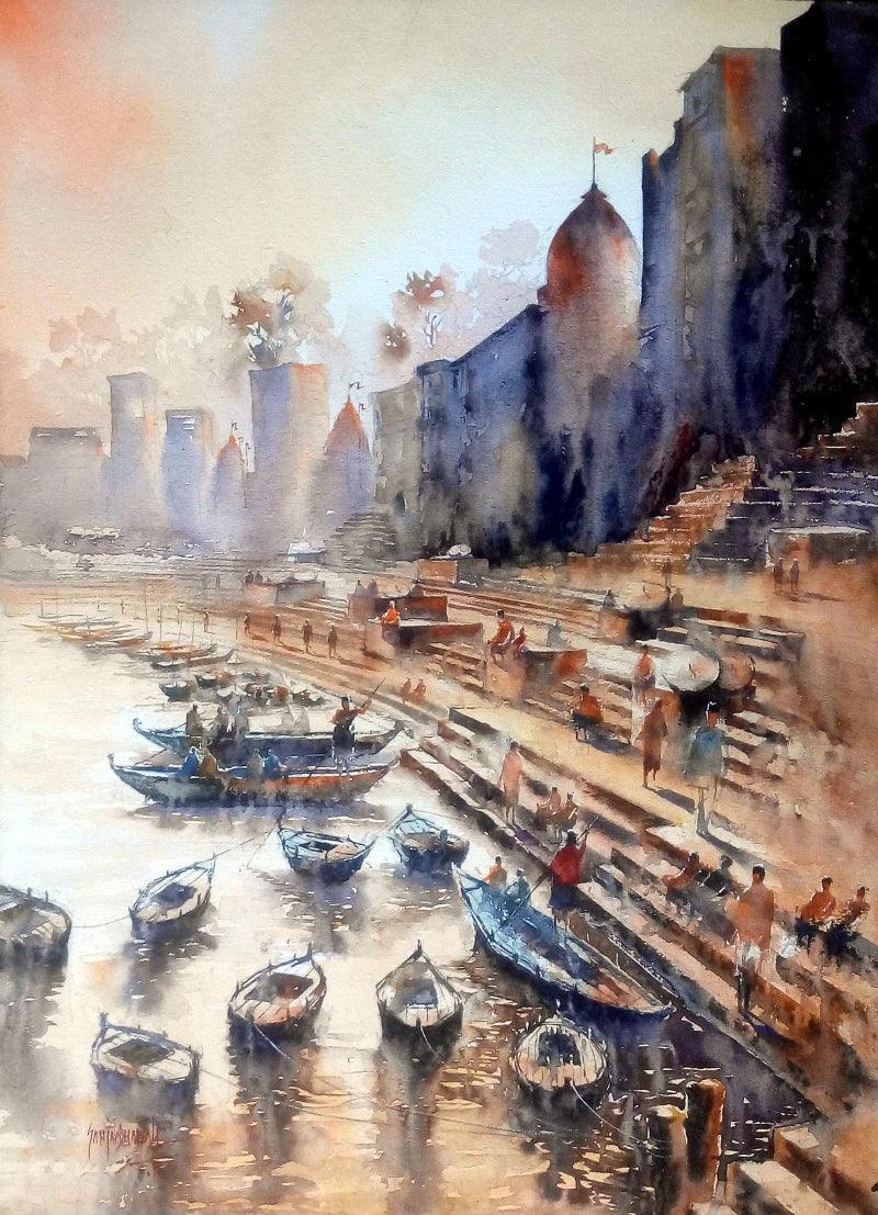 Cityscape watercolor painting titled 'Banaras Ghat', 30x22 inches, by artist Sanjay Dhawale on Paper