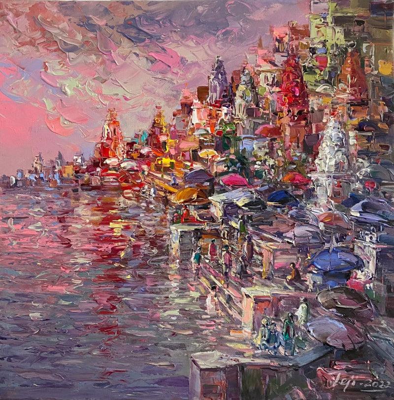 Religious acrylic painting titled 'Banaras Ghat', 26x26 inches, by artist Tejinder Kanda on Canvas