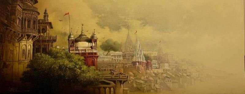 Religious acrylic oil painting titled 'Banaras Ghat', 18x45 inches, by artist Amit Bhar on Canvas