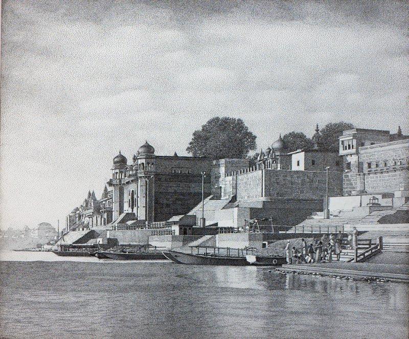 Landscape ink drawing titled 'Banaras Ghat', 30x36 inches, by artist Prakash Ghadge on Canvas