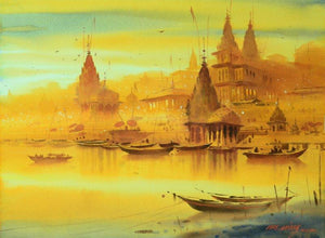 Nature watercolor painting titled 'Banaras Ghat', 22x30 inches, by artist Ganesh Hire on Paper