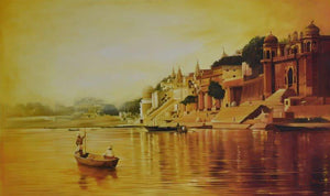 Landscape oil painting titled 'Banaras Ghat', 36x60 inches, by artist Kamal Rao on Canvas