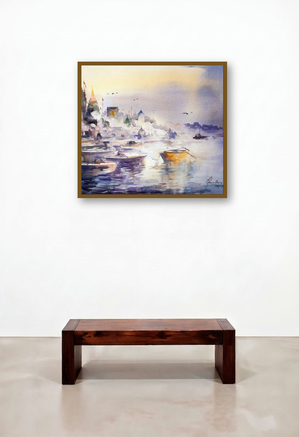 Banaras Ghat (Dawn on the Ganges) by artist Mohd Qaseem Farooqui displayed in a Scandinavian Library