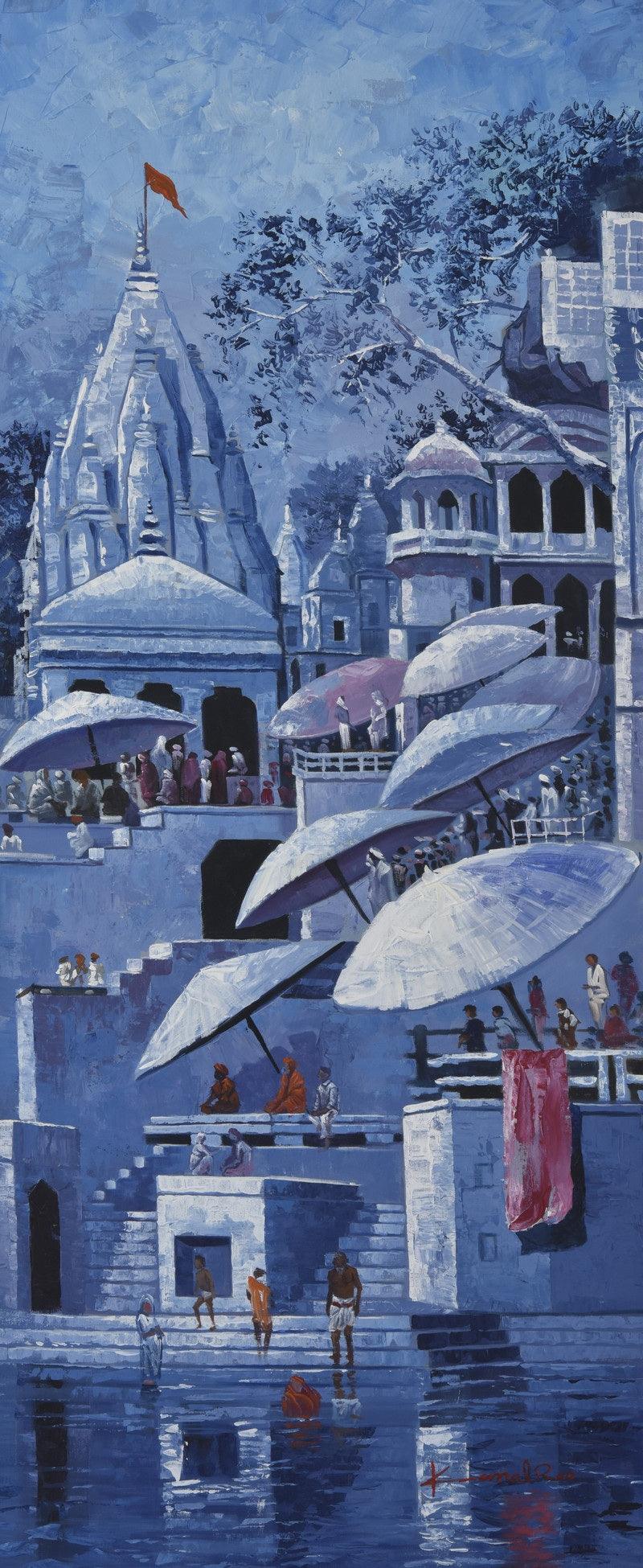 Landscape acrylic painting titled 'Banaras Ghat', 23x59 inches, by artist Kamal Rao on Canvas