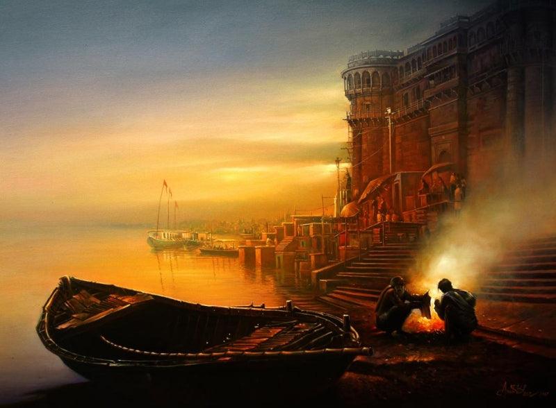 Religious acrylic oil painting titled 'Banaras Ghat', 30x40 inches, by artist Amit Bhar on Canvas