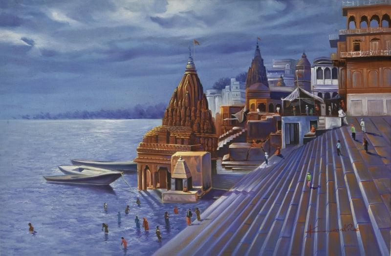 Cityscape oil painting titled 'Banaras Ghat', 36x24 inches, by artist Kamal Rao on Canvas