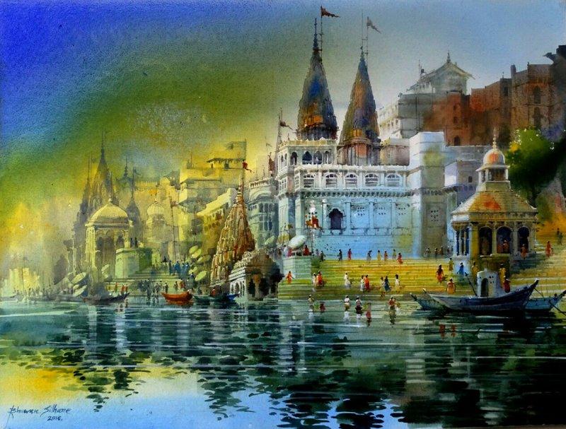 Cityscape acrylic painting titled 'Banaras Ghat', 36x48 inches, by artist Bhuwan Silhare on Canvas