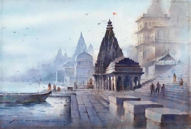 Religious watercolor painting titled 'Banaras Ghat', 15x22 inches, by artist Amit Dhane on Paper
