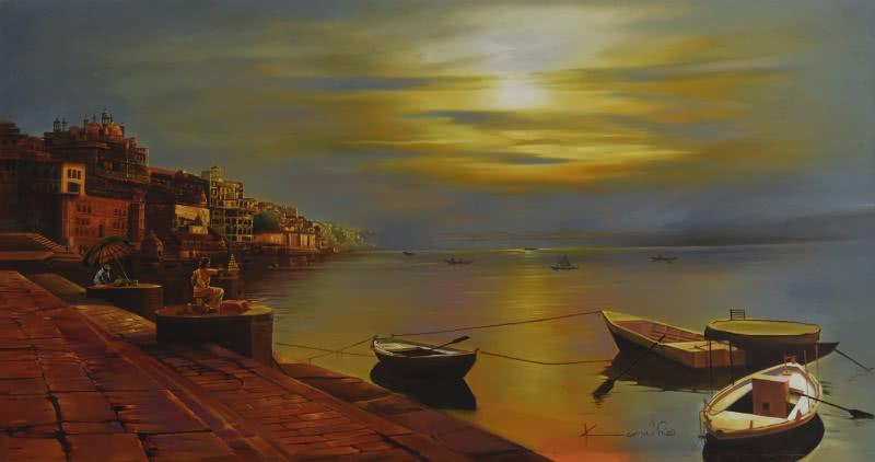Commascape oil painting titled 'Banaras Ghat', 60x32 inches, by artist Kamal Rao on Canvas