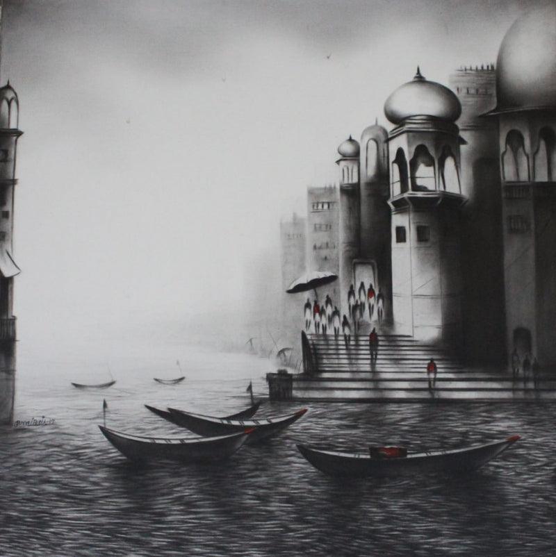 Cityscape charcoal drawing titled 'Banaras Ghat', 24x24 inches, by artist Yuvraj Patil on Canvas