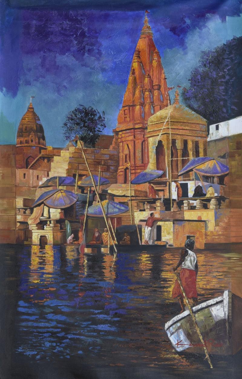 Cityscape oil painting titled 'Banaras Ghat', 52x32 inches, by artist Kamal Rao on Canvas