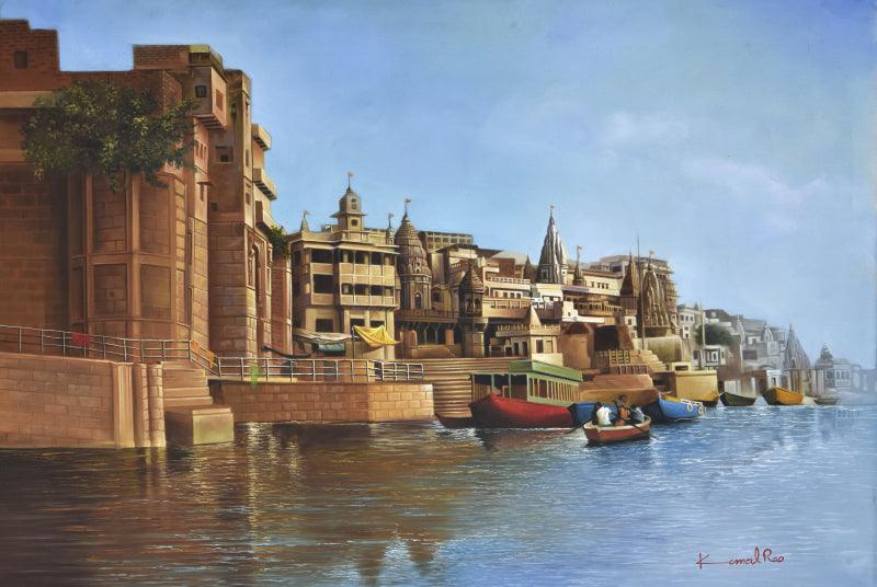 Religious oil painting titled 'Banaras Ghat', 48x32 inches, by artist Kamal Rao on Canvas