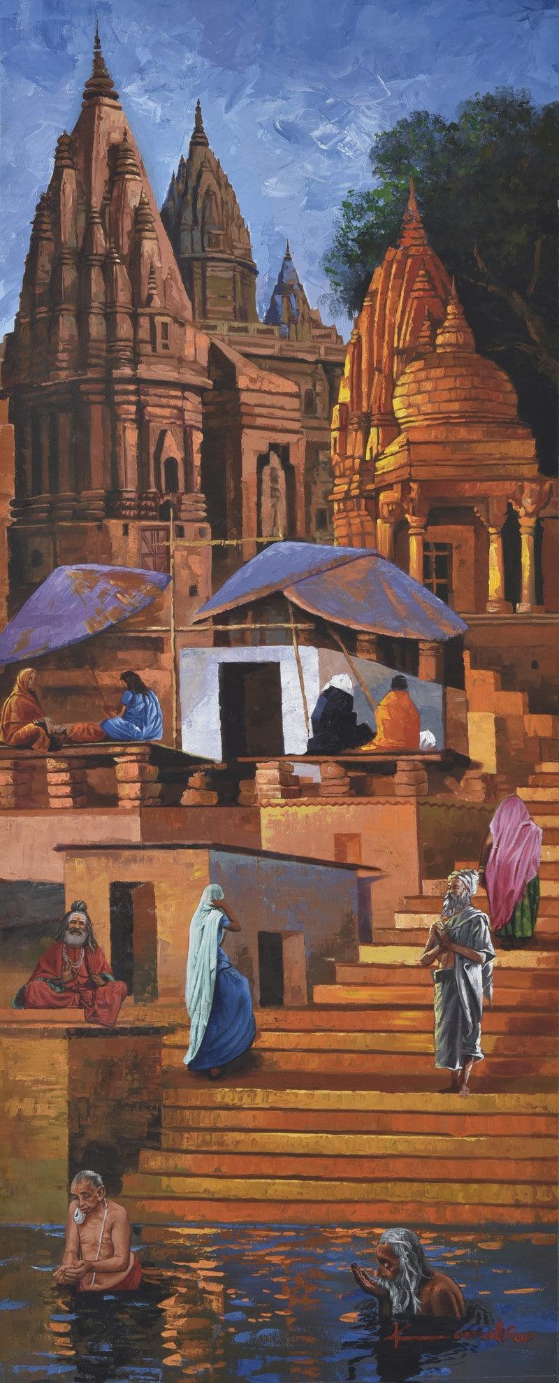 Landscape acrylic painting titled 'Banaras Ghat', 24x59 inches, by artist Kamal Rao on Canvas