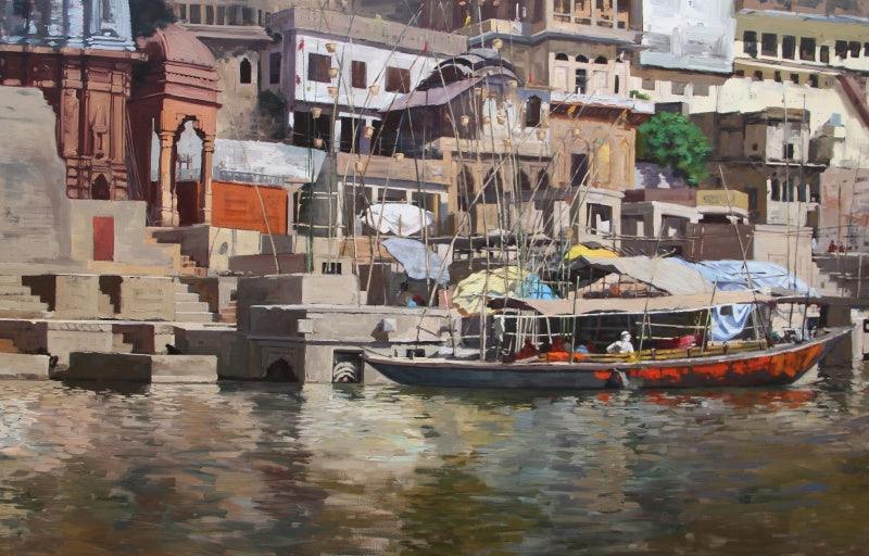 Landscape oil painting titled 'Banaras Ghat', 36x54 inches, by artist Sachin Sawant on Canvas