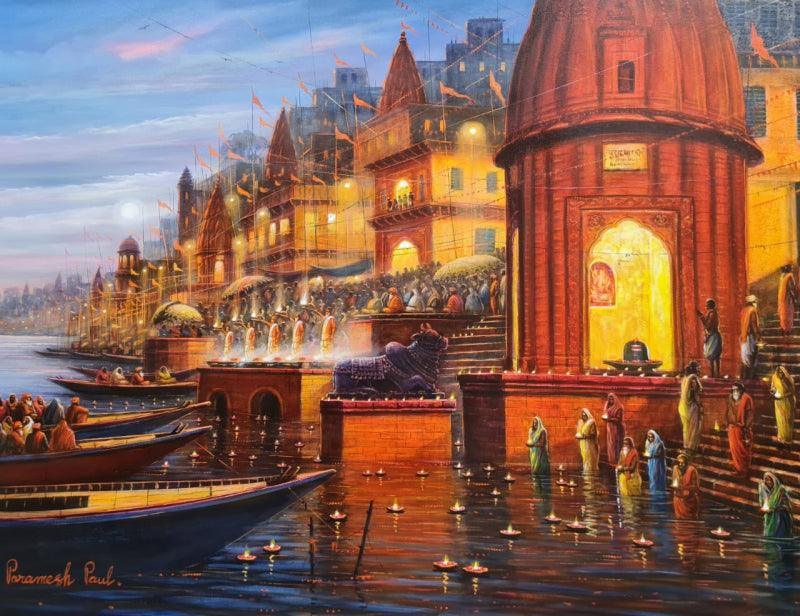 Religious acrylic painting titled 'Banaras Ghat', 36x48 inches, by artist Paramesh Paul on Canvas