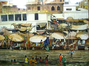 Cityscape acrylic painting titled 'Banaras Ghat', 22x30 inches, by artist Bijay Biswaal on Canvas