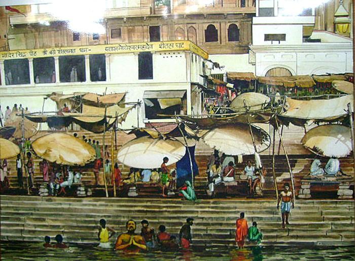 Cityscape acrylic painting titled 'Banaras Ghat', 22x30 inches, by artist Bijay Biswaal on Canvas