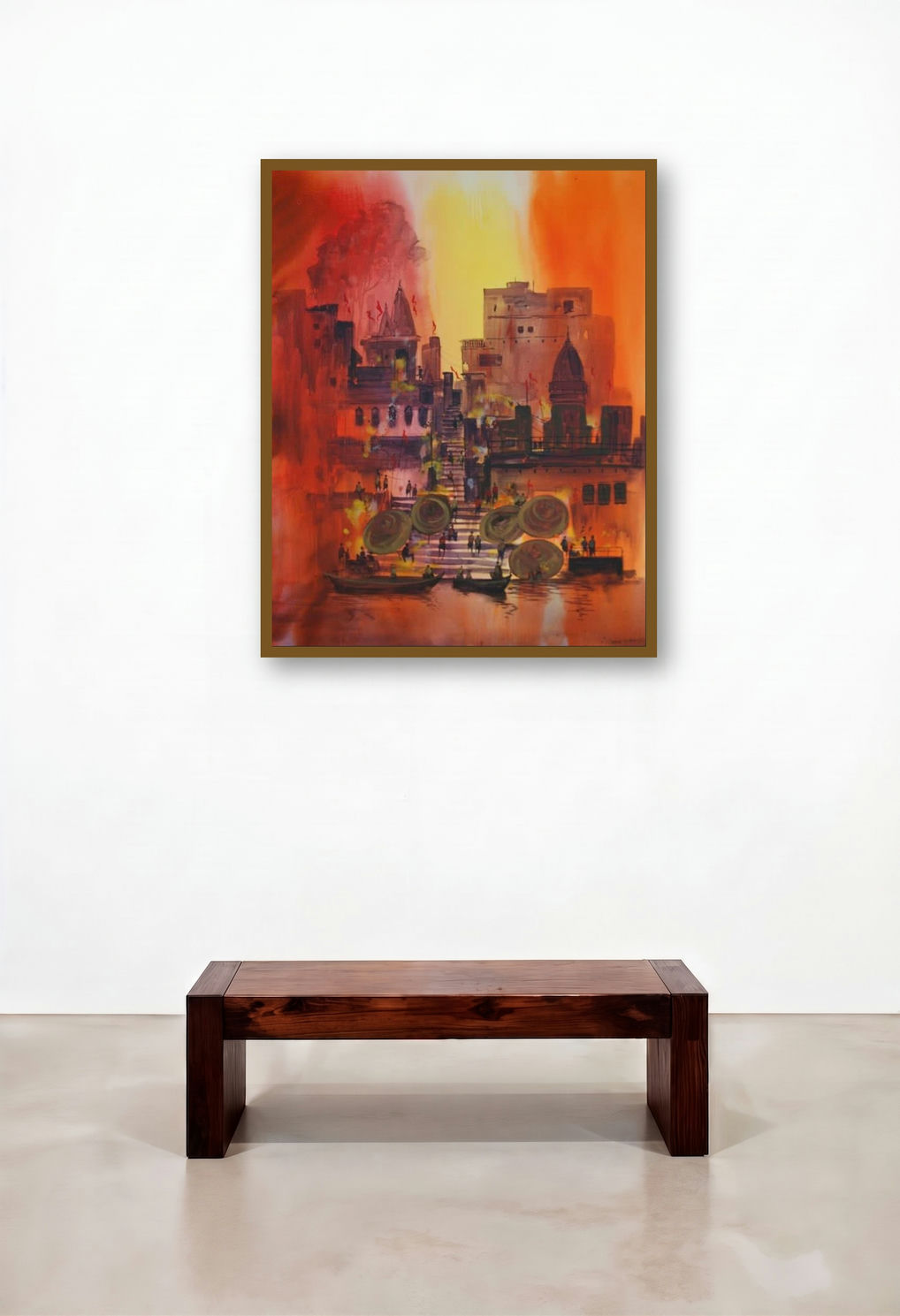 Banaras Ghat (Golden Hour on the Ganges) by artist Anand Bekwad displayed in a Industrial Home Office