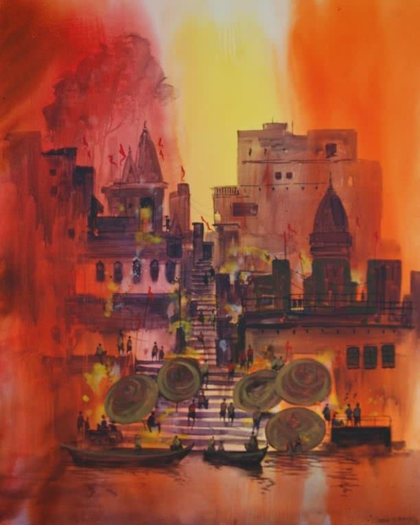 Cityscape acrylic painting titled 'Banaras Ghat', 60x48 inches, by artist Anand Bekwad on Canvas