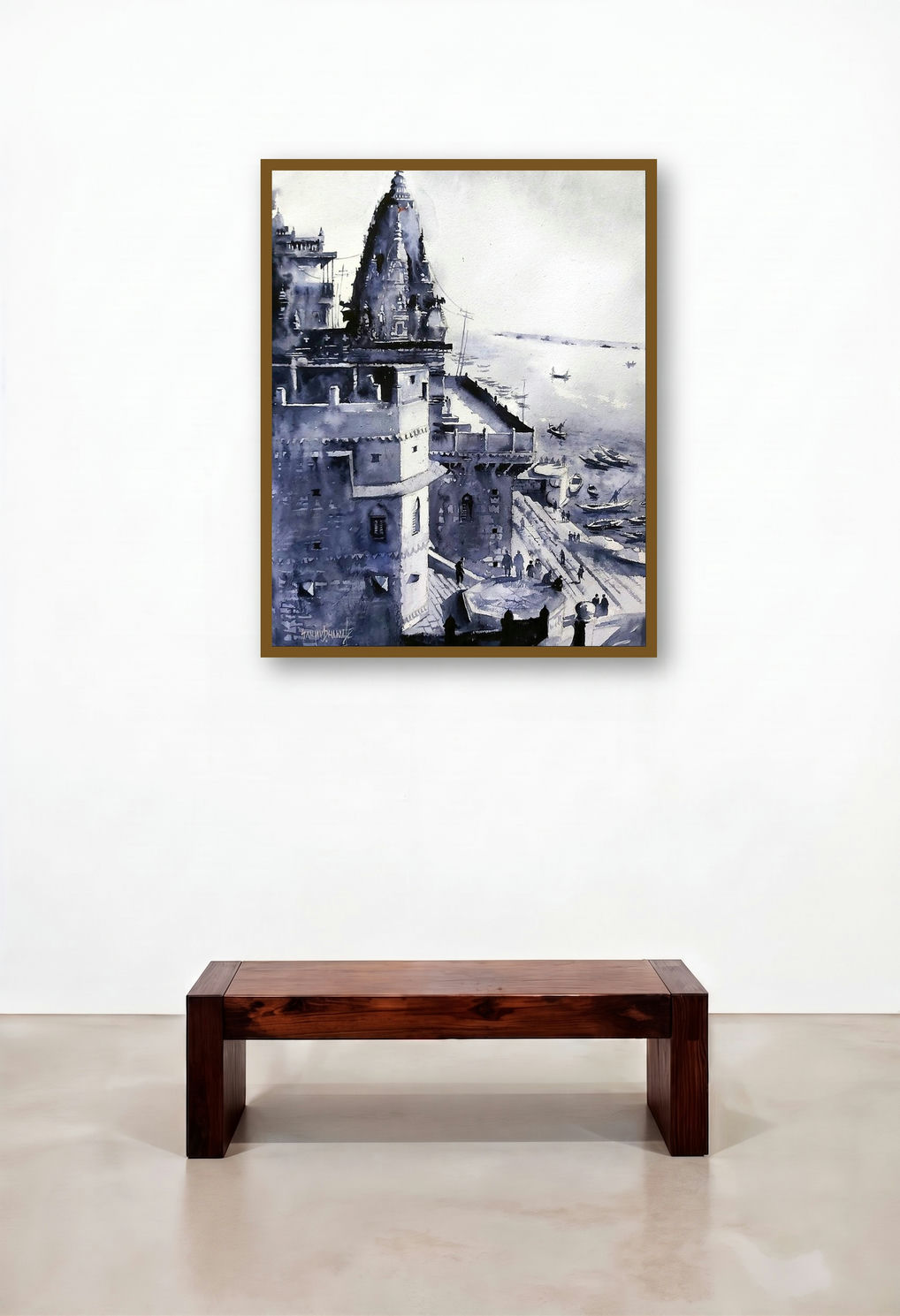 Banaras Ghat (Sacred Steps) by artist S Dhawale displayed in a Rustic Home Office