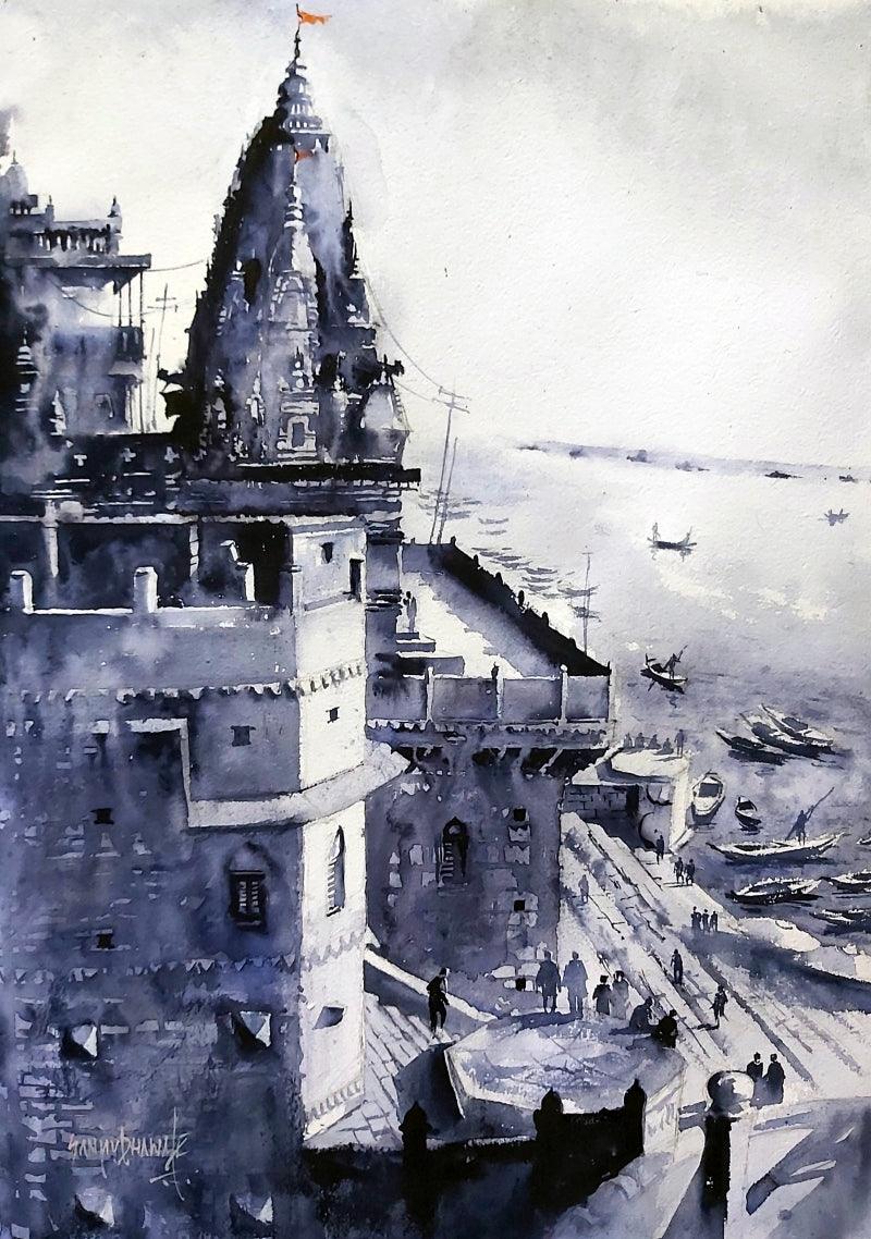 Cityscape watercolor painting titled 'Banaras Ghat', 20x14 inches, by artist S. Dhawale on handmade paper