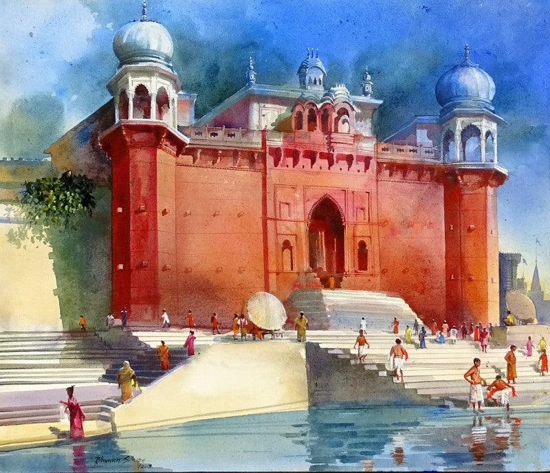 Cityscape acrylic painting titled 'Banaras Ghat IV', 24x30 inches, by artist Bhuwan Silhare on Canvas