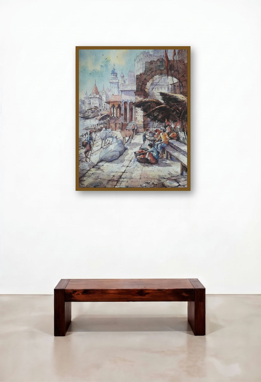 Banaras Ghat 6 (Varanasi Ghat) by artist Shubhashis Mandal displayed in a Classic Reception Area