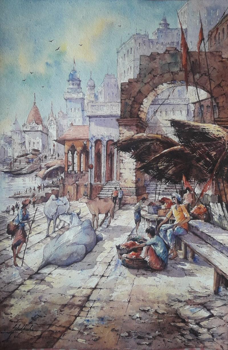 Religious watercolor painting titled 'Banaras ghat 6', 22x15 inches, by artist SHUBHASHIS MANDAL on Handmade paper