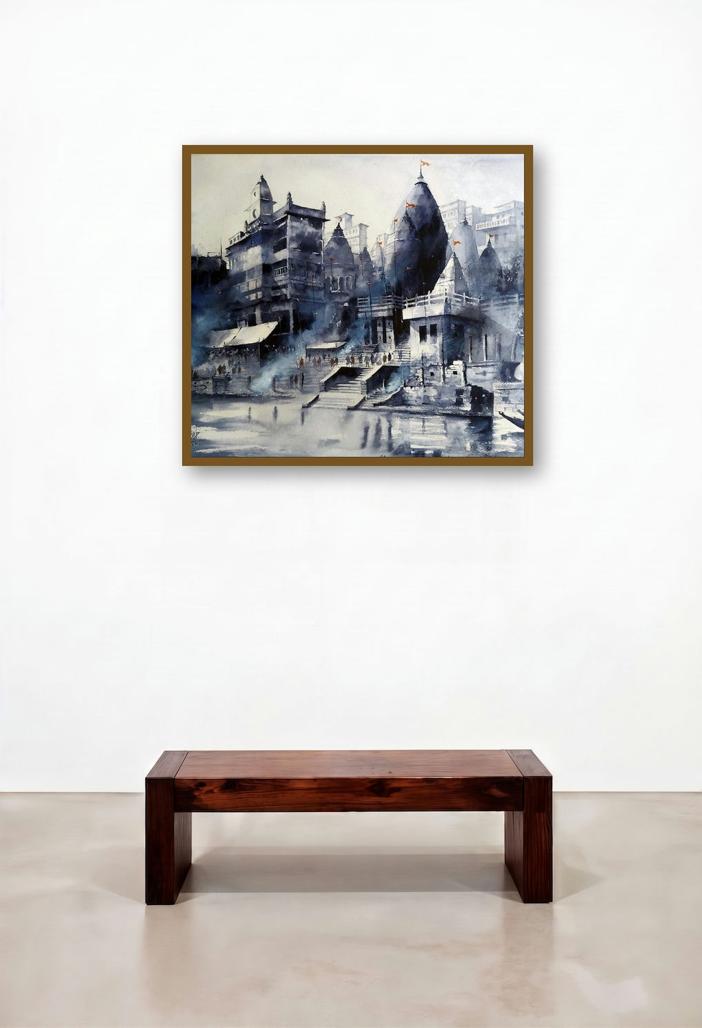 Banaras Ghat (Dawn at the Ganges) by artist Sanjay Dhawale displayed in a Urban Loft Library