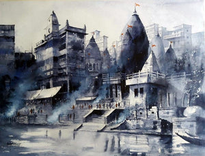 Banaras Ghat (Dawn at the Ganges) by Sanjay Dhawale, Original Watercolor Cityscape Painting on Paper, Small Horizontal Wall Art