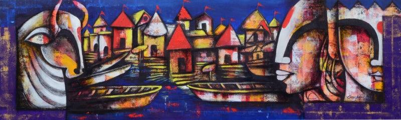contemporary acrylic charcoal painting titled 'Banaras ghat', 18x60 inches, by artist Anupam Pal on canvas